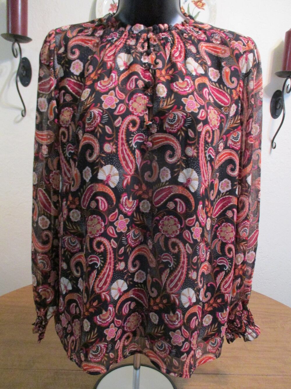 LOFT BLACK ORANGE PAISLEY LONG SLEEVE PULLOVER BLOUSE SIZE S